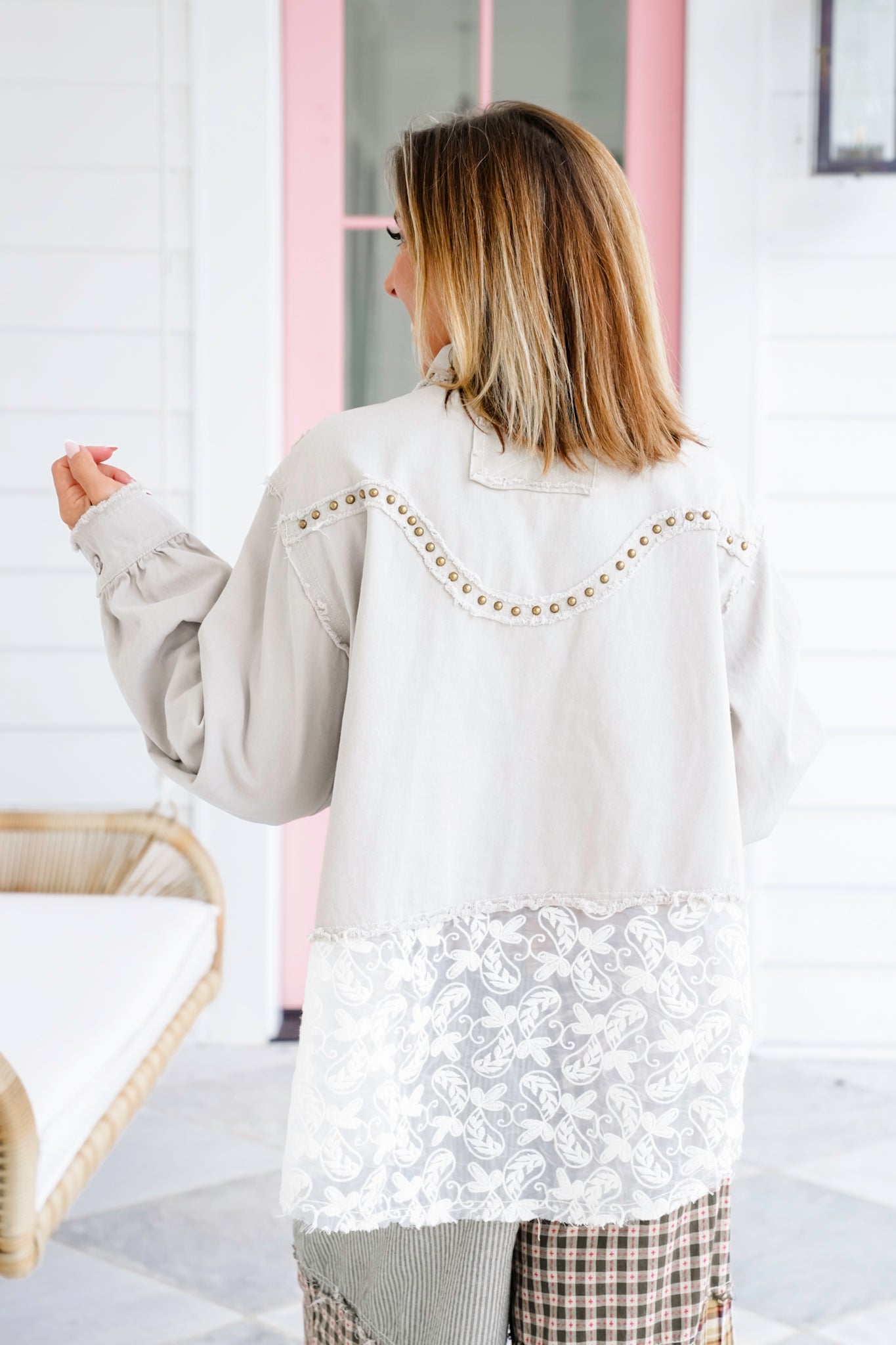 POL Long Sleeve Shacket With Lace And Stud Detail