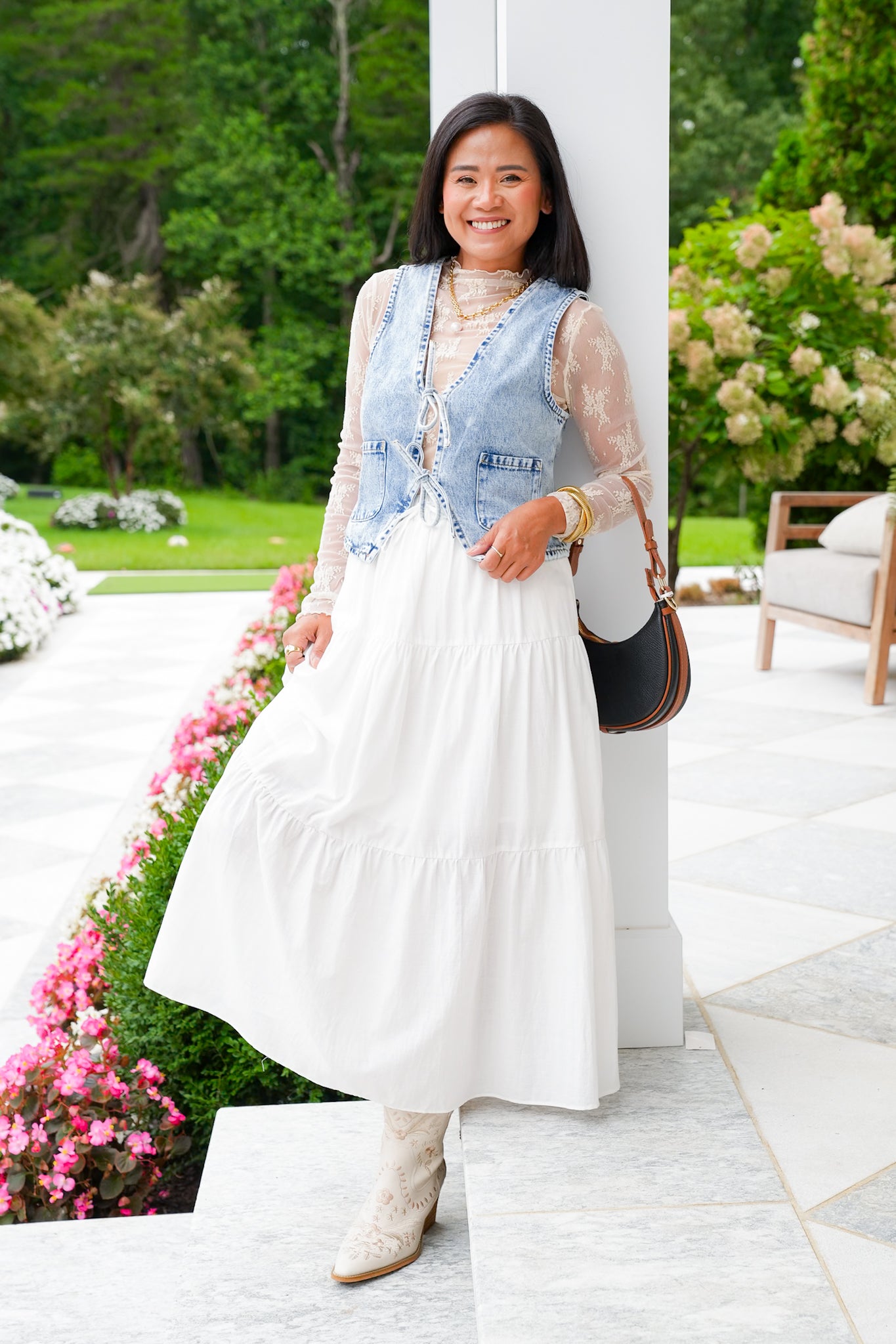 White Elastic Waist Tiered Midi Skirt