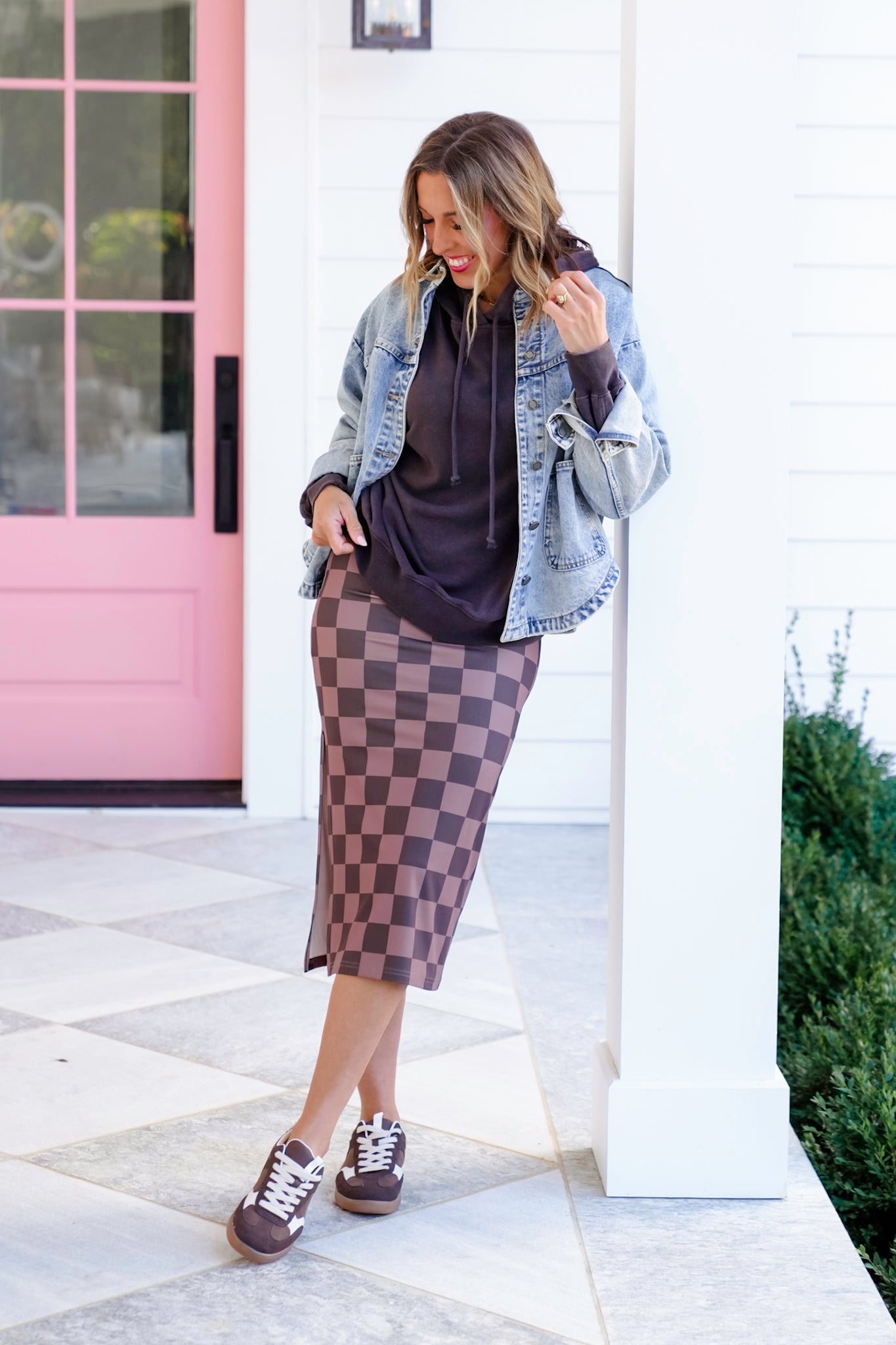 Plus/Reg Checkered Elastic Waist Midi Skirt