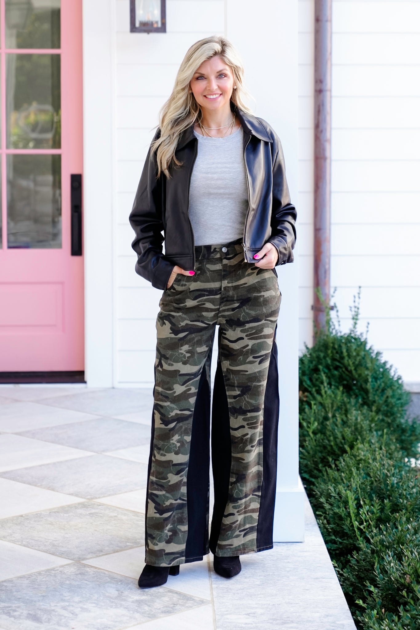 Camouflage Wide Leg Pants with Contrast Panels