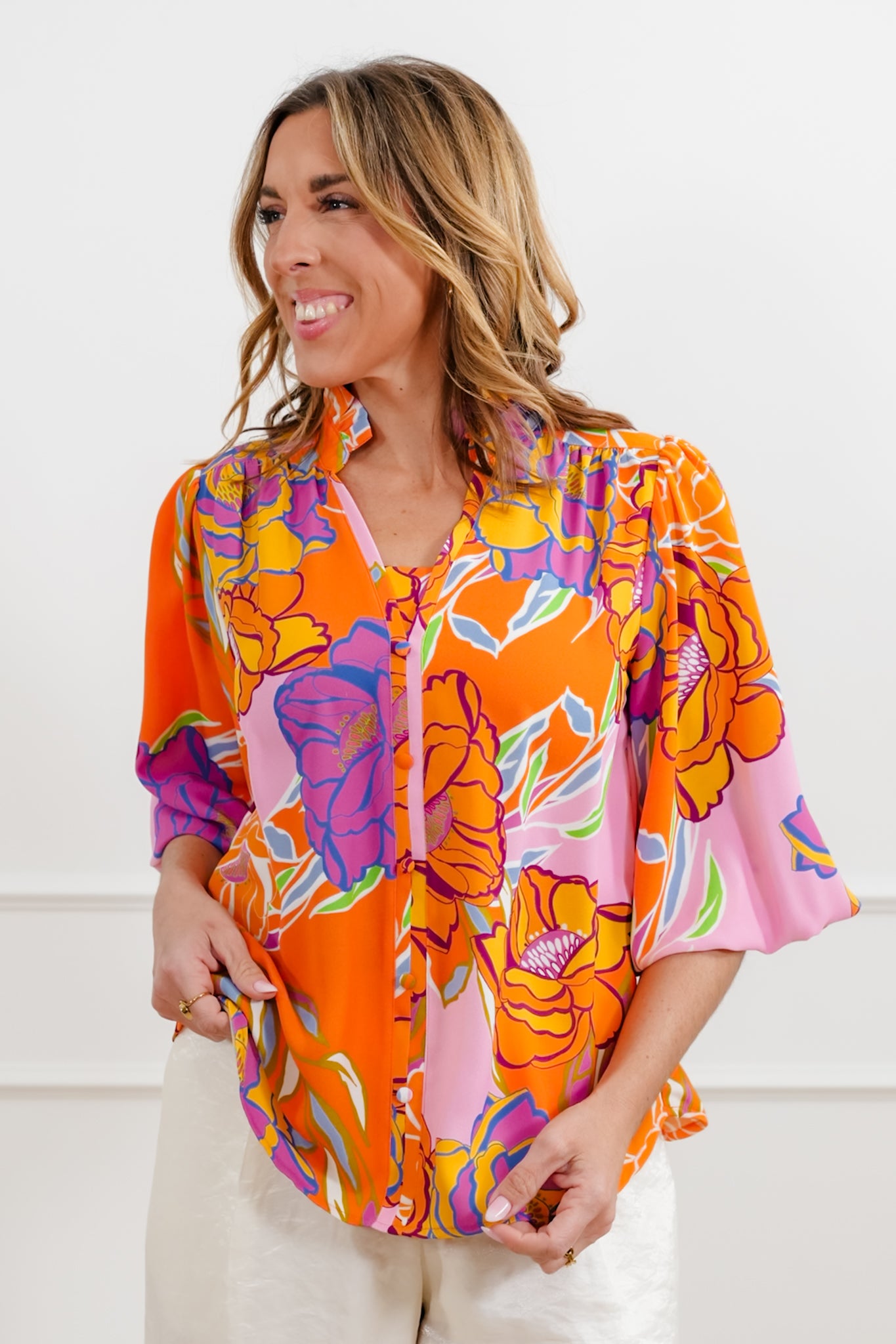 Plus/Reg Floral Print 3/4 Sleeve Blouse