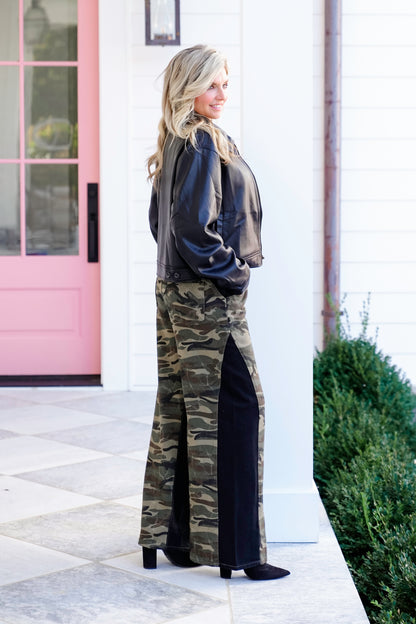 Camouflage Wide Leg Pants with Contrast Panels