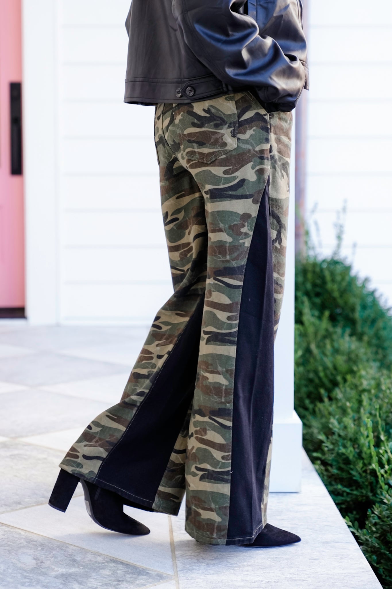 Camouflage Wide Leg Pants with Contrast Panels