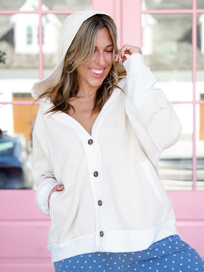 Color Block Long Sleeve Button Down Hooded Cardigan