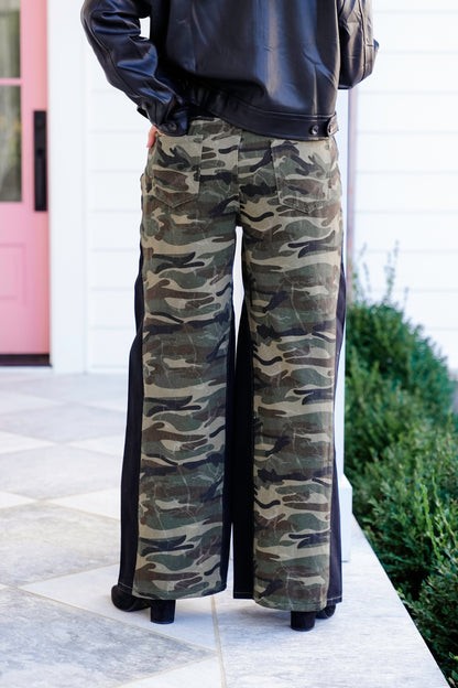 Camouflage Wide Leg Pants with Contrast Panels