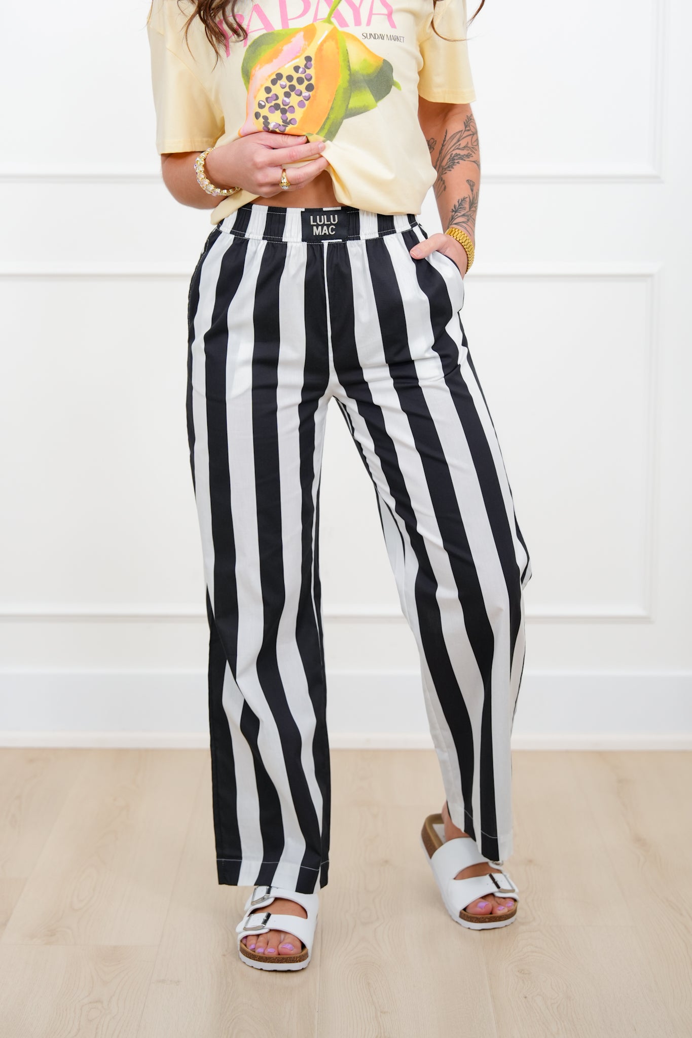 Lulu Mac Stripe Elastic Waist Pants with Side Pockets