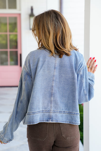 Medium Wash Long Sleeve Button Up Jacket with Side Pockets