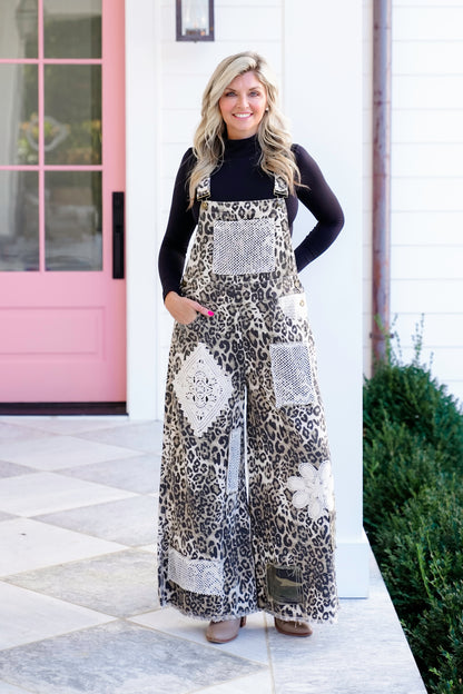 POL Leopard Print Wide Leg Overalls with Crochet Patches