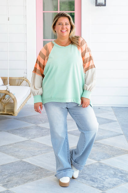 Solid Long Sleeve Round Neck Top with Stripe Detail