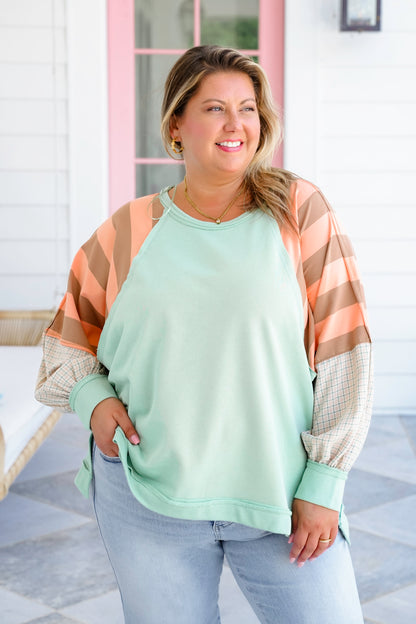 Solid Long Sleeve Round Neck Top with Stripe Detail