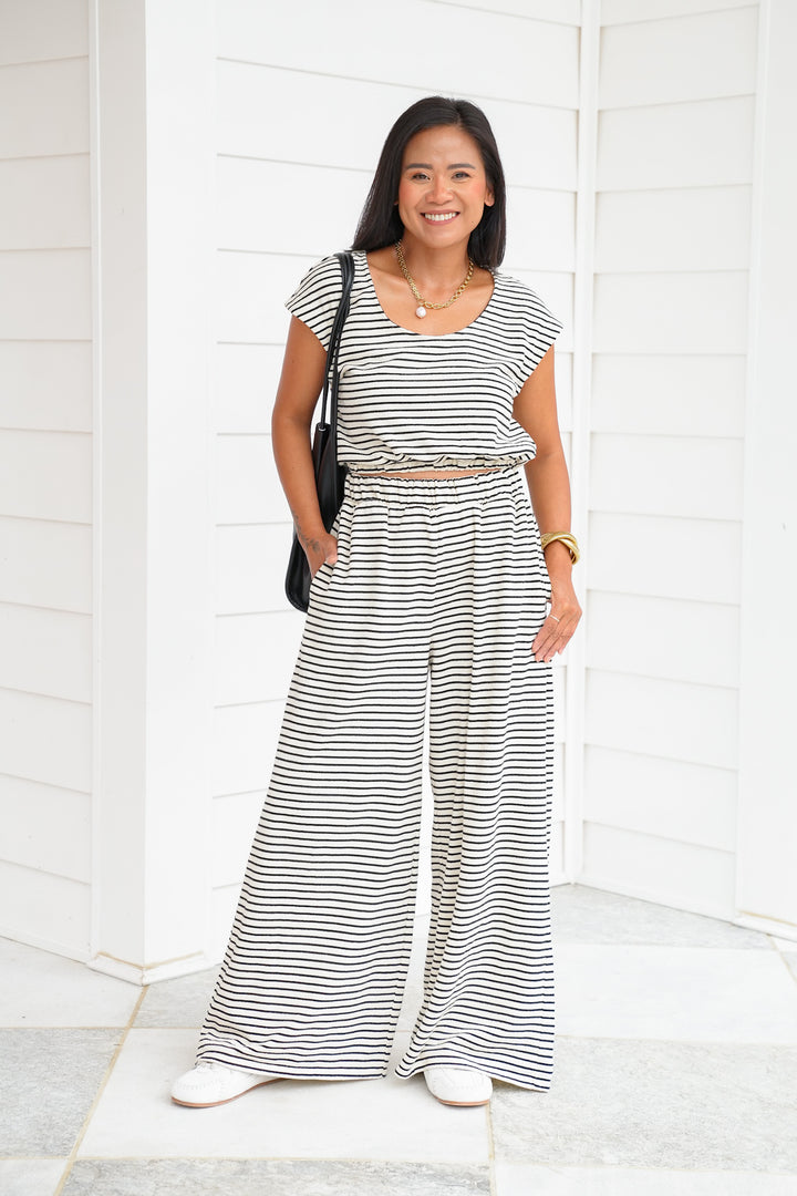 Stripe Short Sleeve Round Neck Top with Elastic Hem Detail