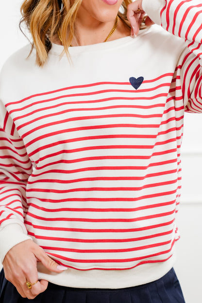 Stripe Long Sleeve Top with Embroidered Heart