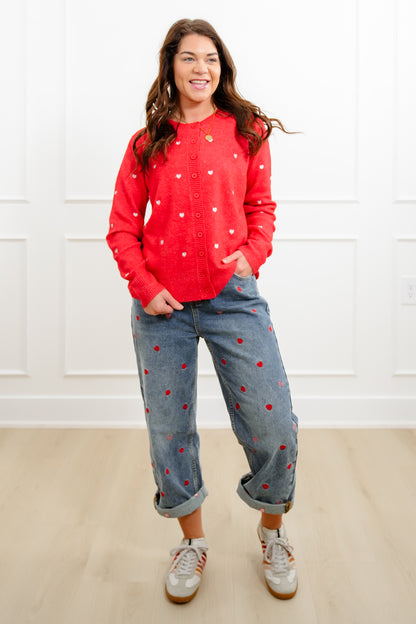 Red Long Sleeve Cardigan with Embroidered Hearts
