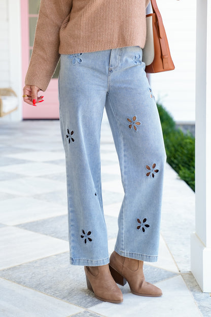 Light Wash Floral Embroidered Elastic Waist Denim Pants