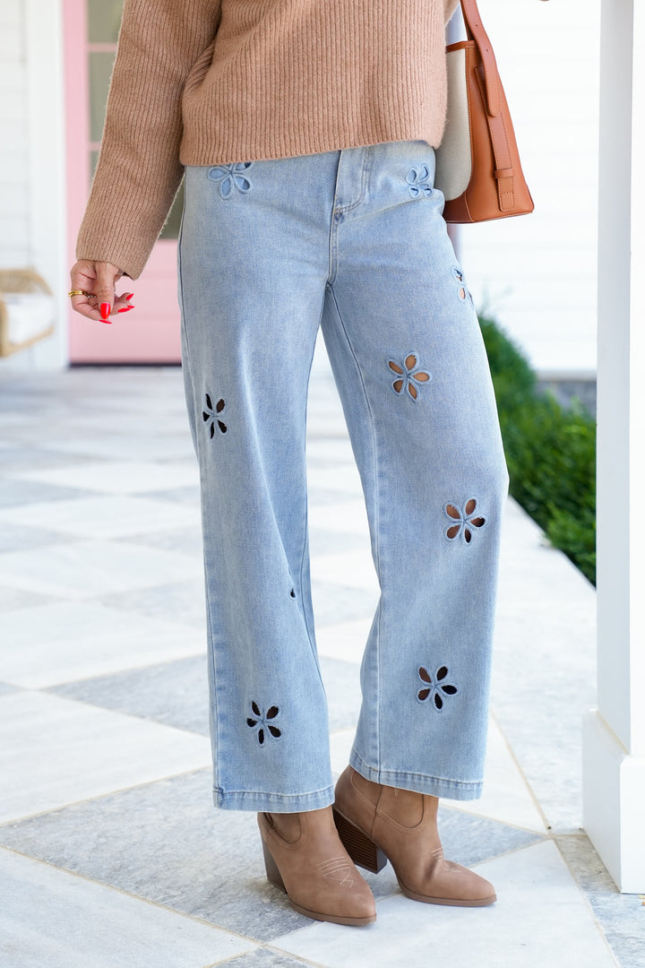 Light Wash Floral Embroidered Elastic Waist Denim Pants