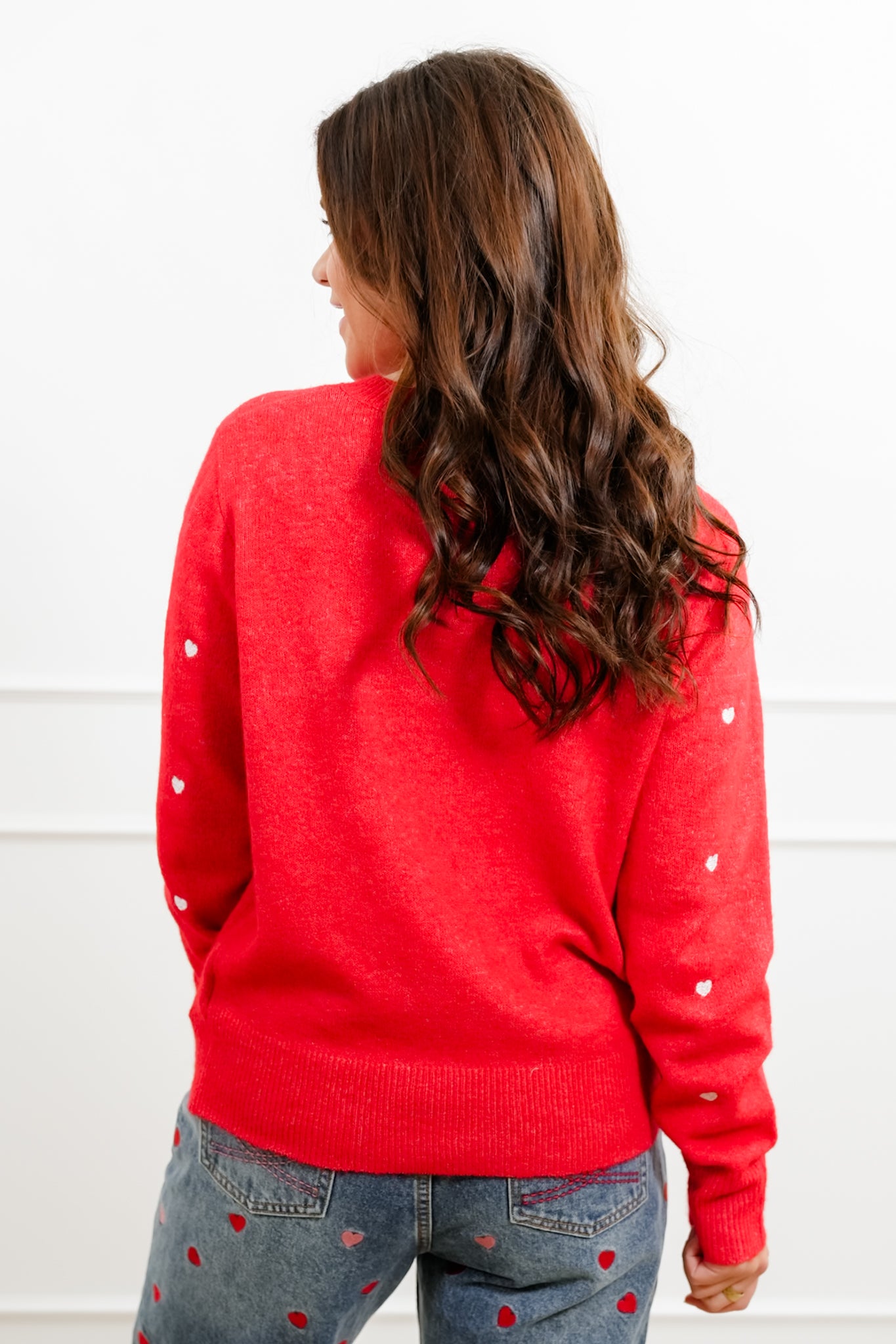 Red Long Sleeve Cardigan with Embroidered Hearts