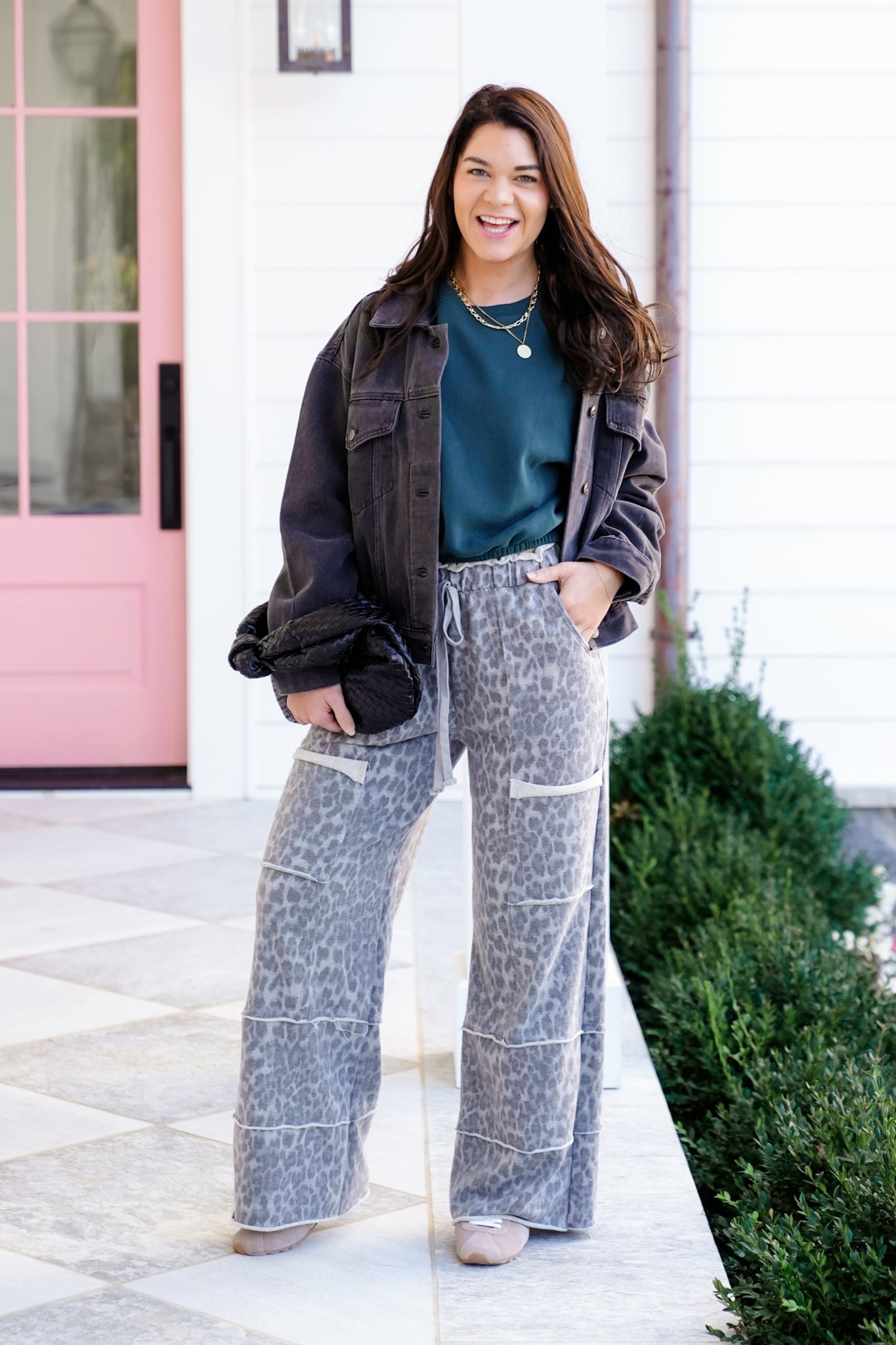 Mineral Washed Elastic Waist Leopard Print Wide Leg Pants