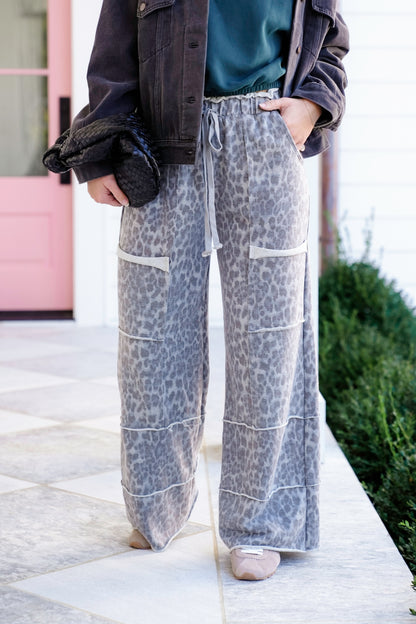 Mineral Washed Elastic Waist Leopard Print Wide Leg Pants