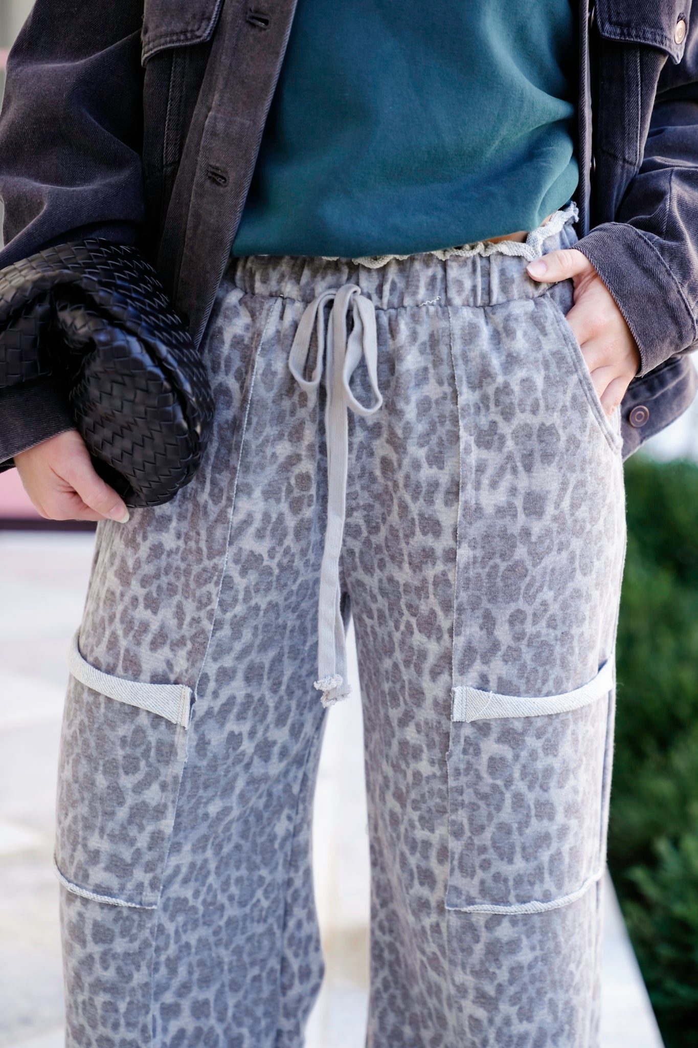 Mineral Washed Elastic Waist Leopard Print Wide Leg Pants