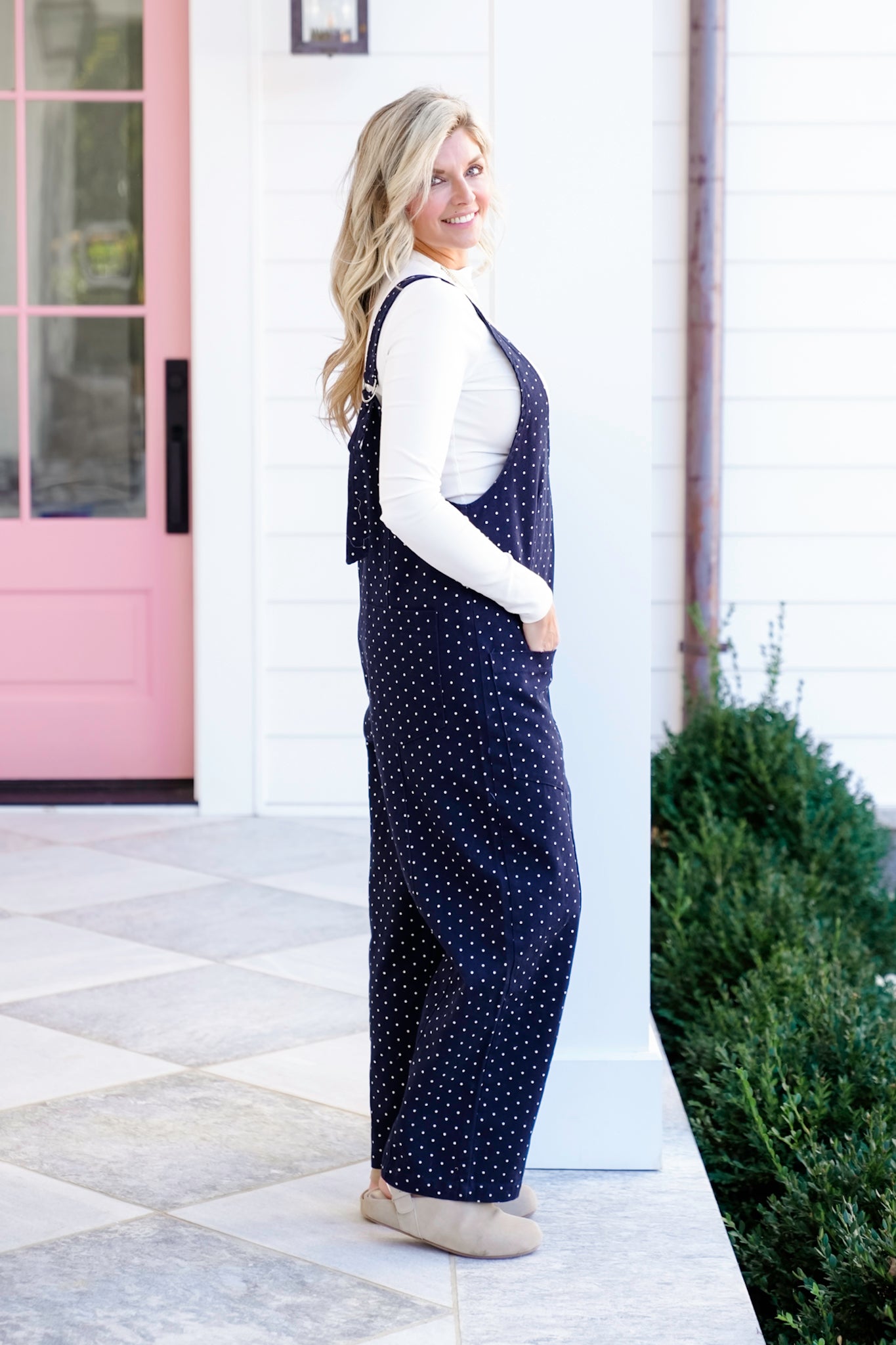 Plus/Reg Polka Dot Deep V-Neck Jumpsuit