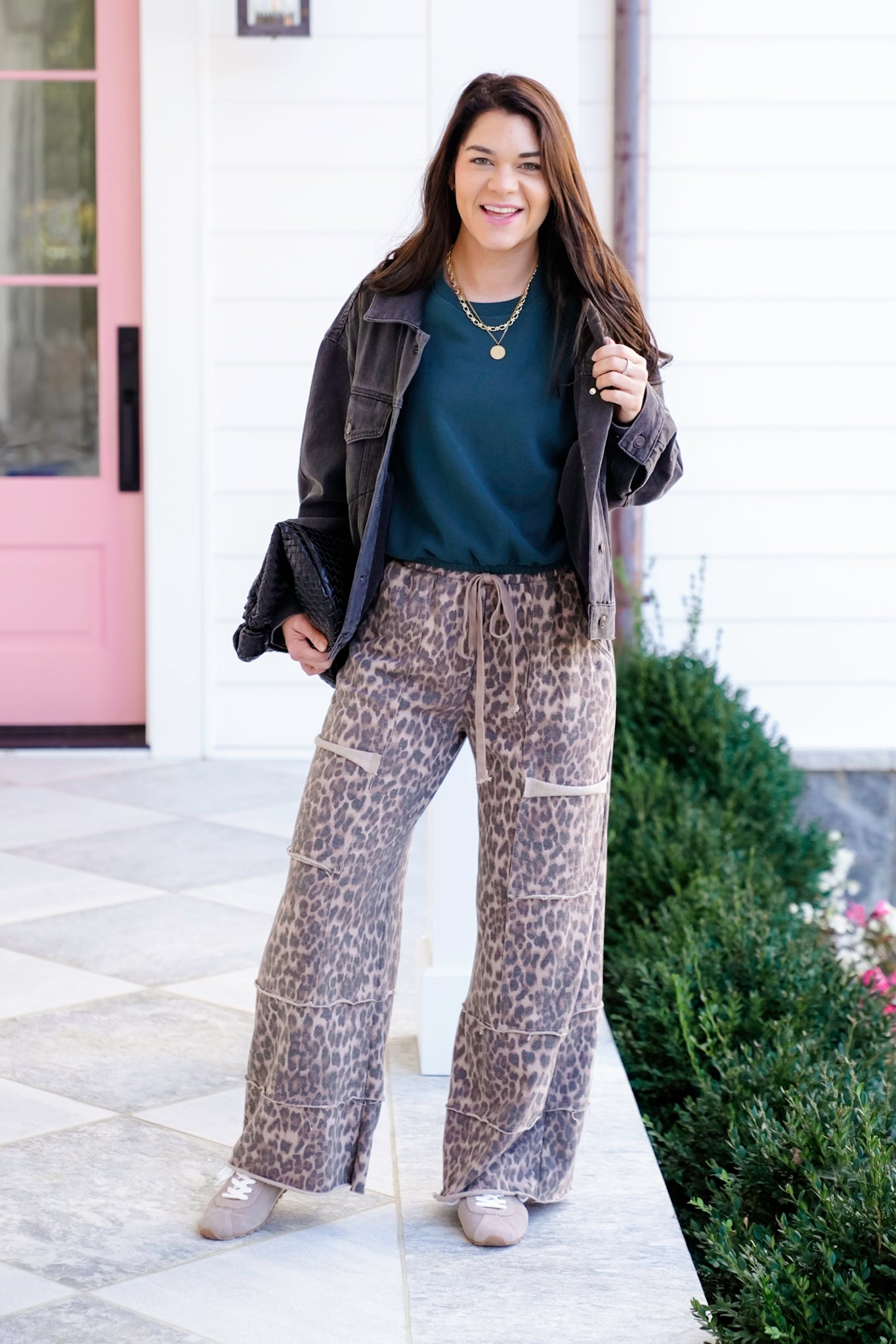 Mineral Washed Elastic Waist Leopard Print Wide Leg Pants