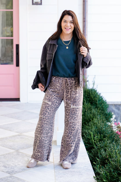 Mineral Washed Elastic Waist Leopard Print Wide Leg Pants