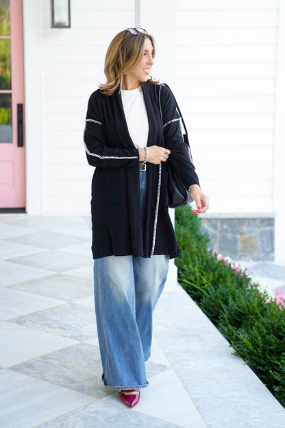 Long Sleeve Open Cardigan with Stitch Trim Detail