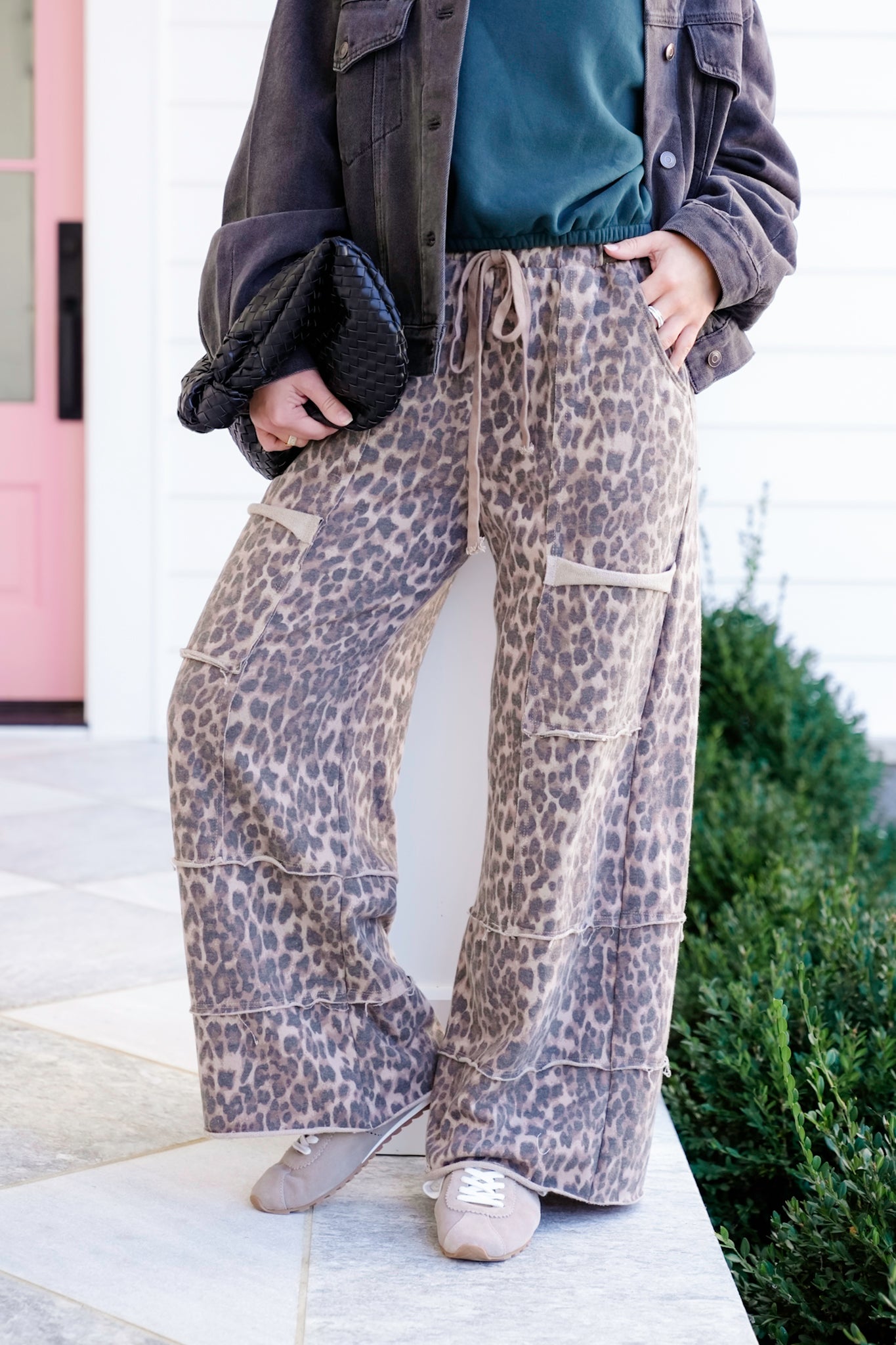 Mineral Washed Elastic Waist Leopard Print Wide Leg Pants