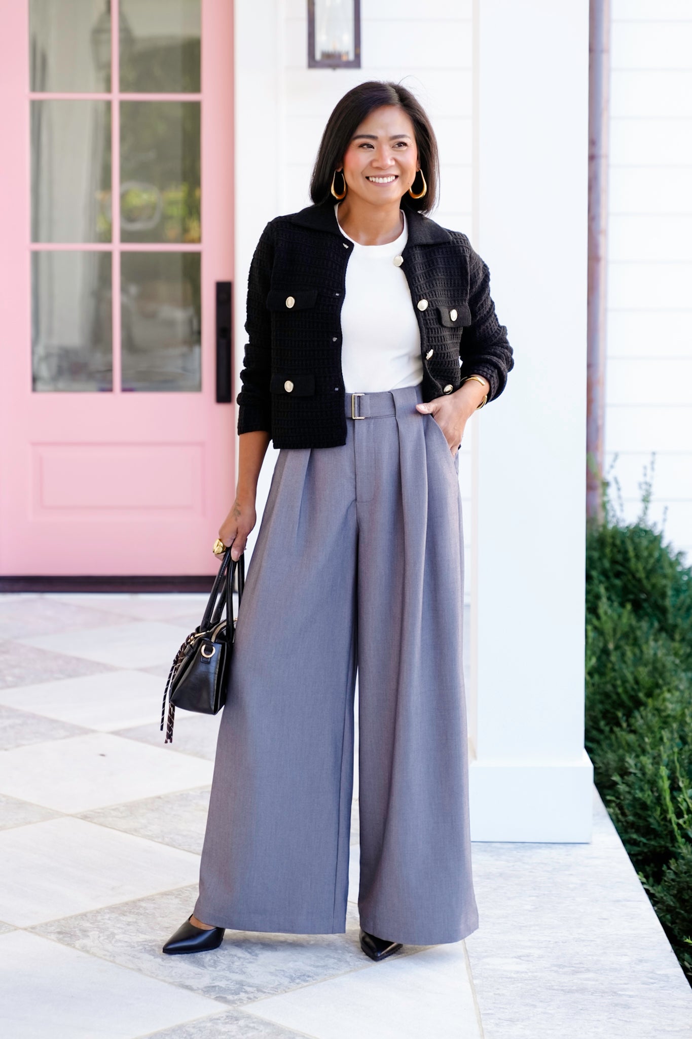 Pleated Straight Leg Pants with Belt