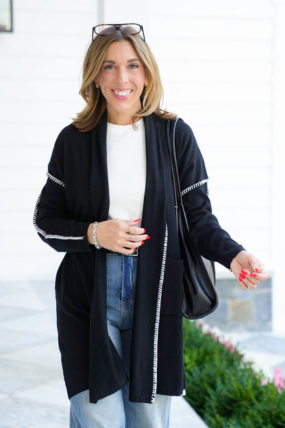 Long Sleeve Open Cardigan with Stitch Trim Detail