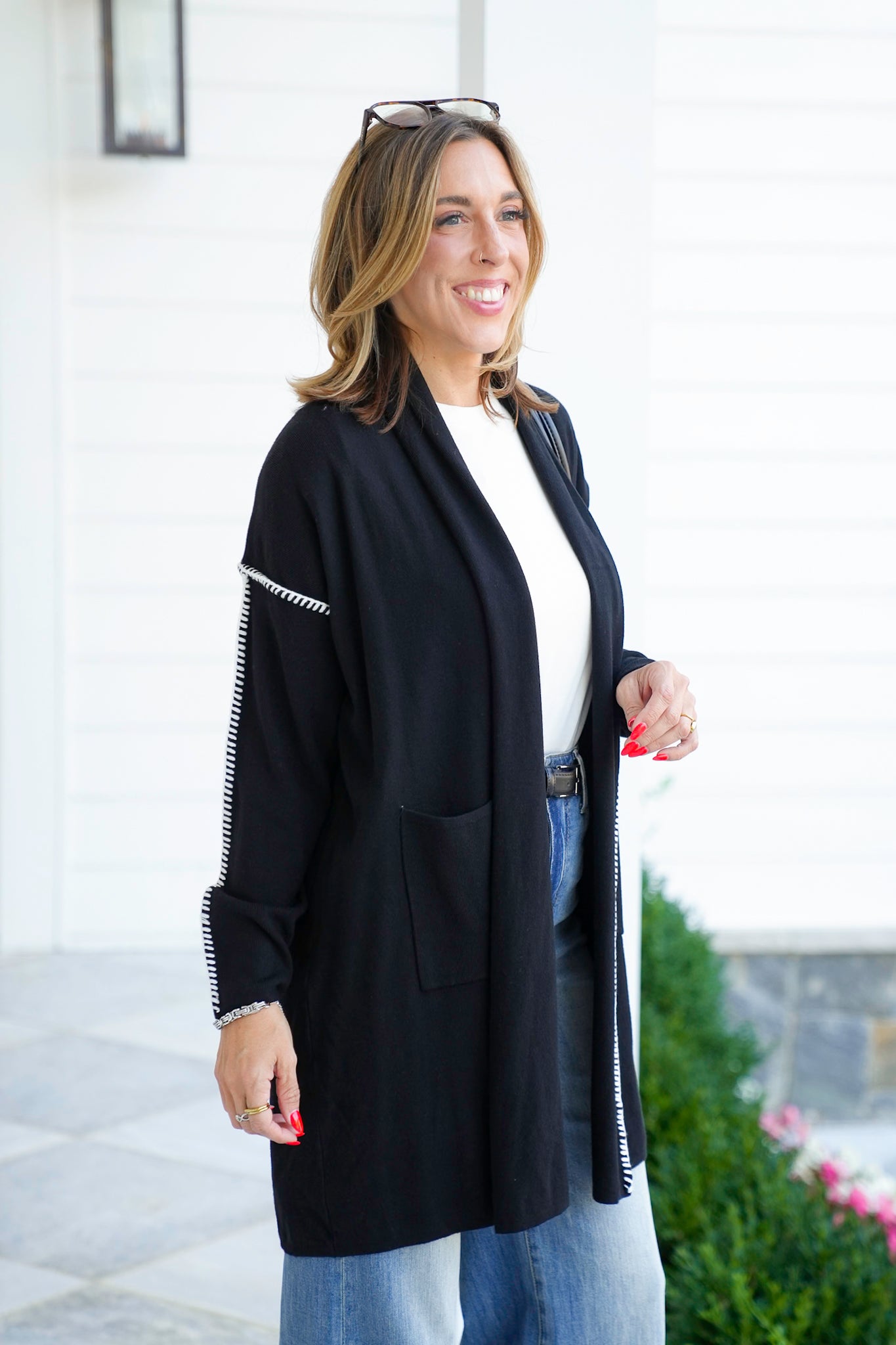 Long Sleeve Open Cardigan with Stitch Trim Detail