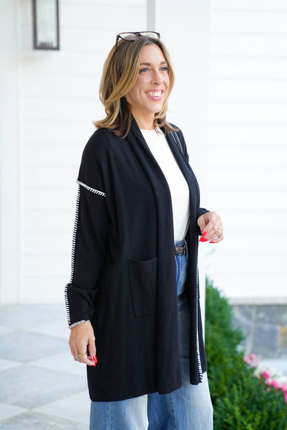 Long Sleeve Open Cardigan with Stitch Trim Detail
