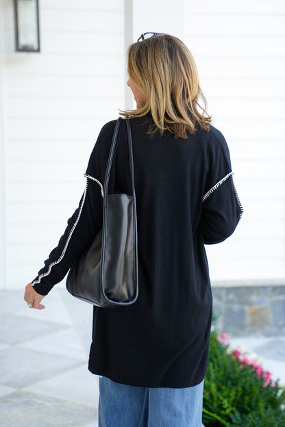 Long Sleeve Open Cardigan with Stitch Trim Detail