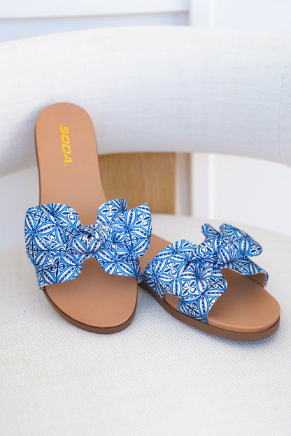 Tile Print Bow Slide Sandal with Crisscross Straps
