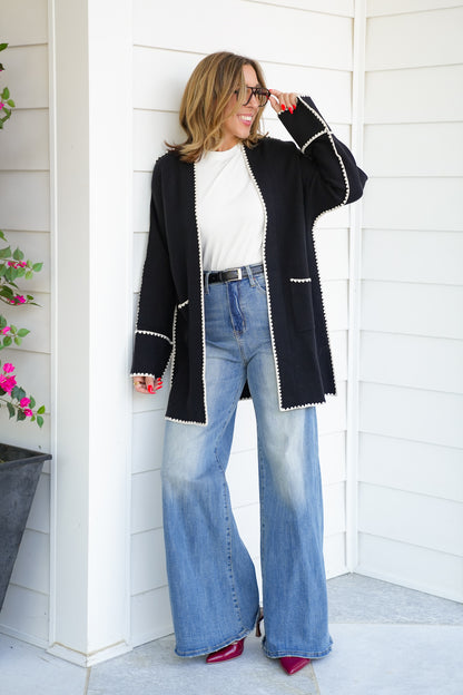 Long Sleeve Midi Cardigan With Stitch Detail