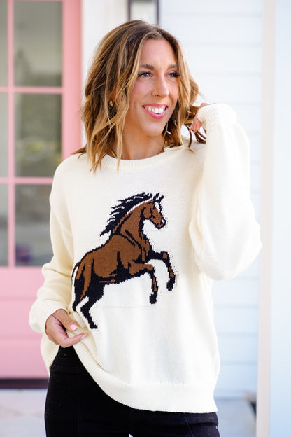 Long Sleeve Crew Neck "Horse" Knit Sweater