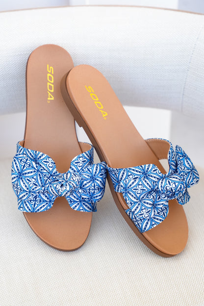Tile Print Bow Slide Sandal with Crisscross Straps