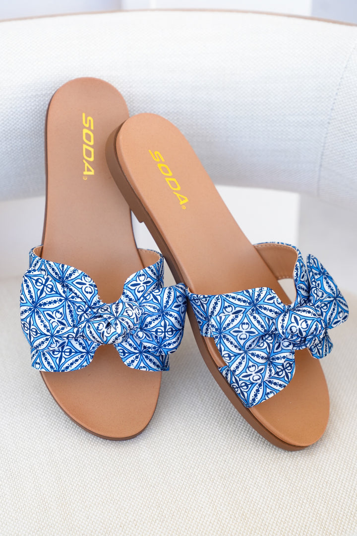 Tile Print Bow Slide Sandal with Crisscross Straps
