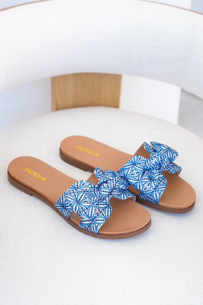 Tile Print Bow Slide Sandal with Crisscross Straps