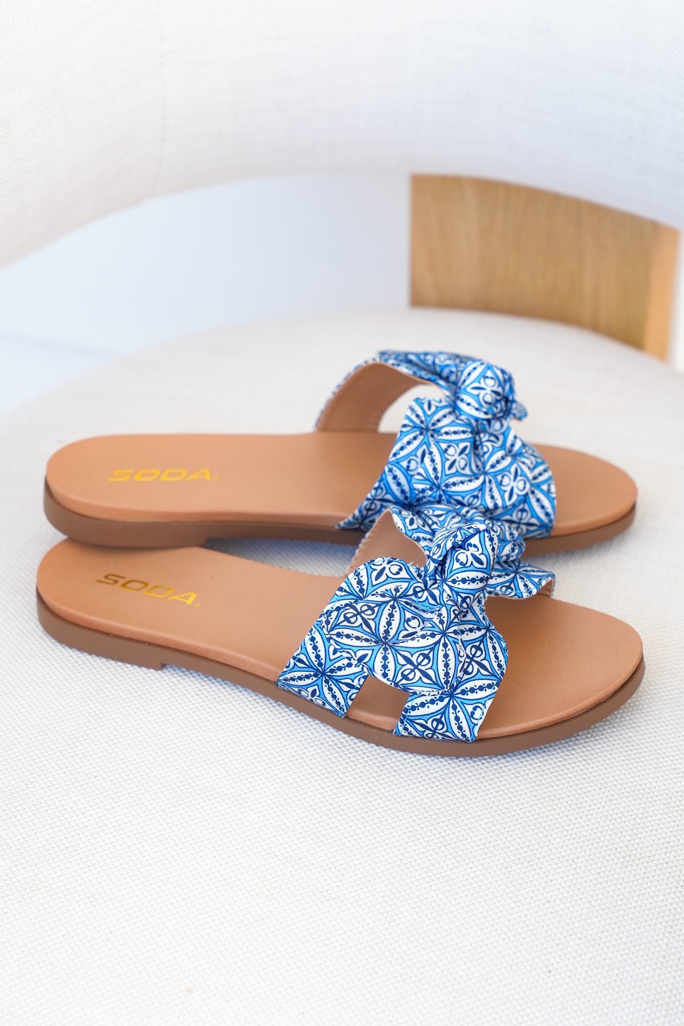 Tile Print Bow Slide Sandal with Crisscross Straps
