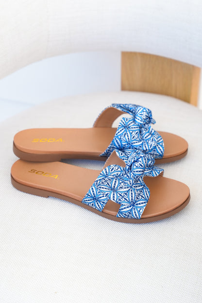 Tile Print Bow Slide Sandal with Crisscross Straps