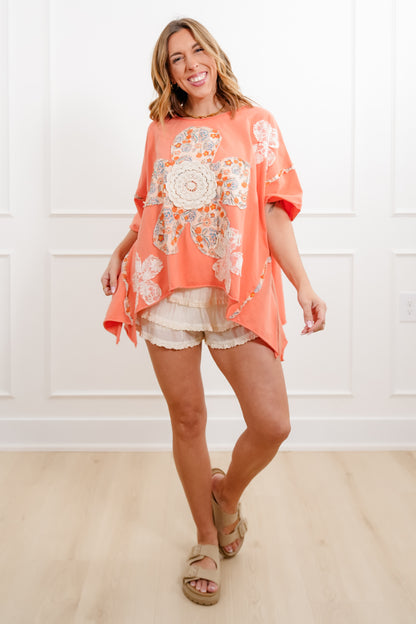 Oversized Short Sleeve Top with Flower Patch Detail