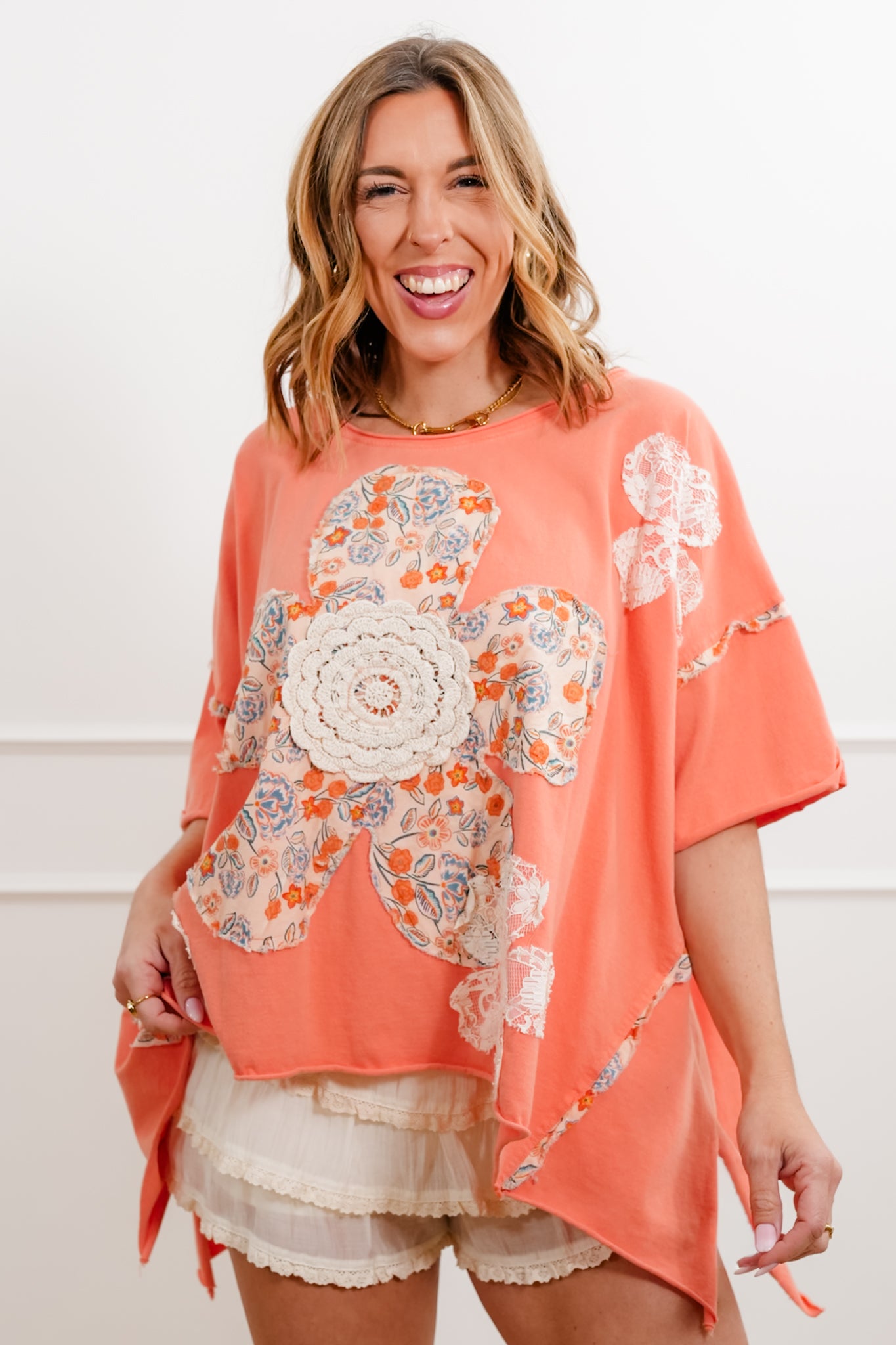 Oversized Short Sleeve Top with Flower Patch Detail