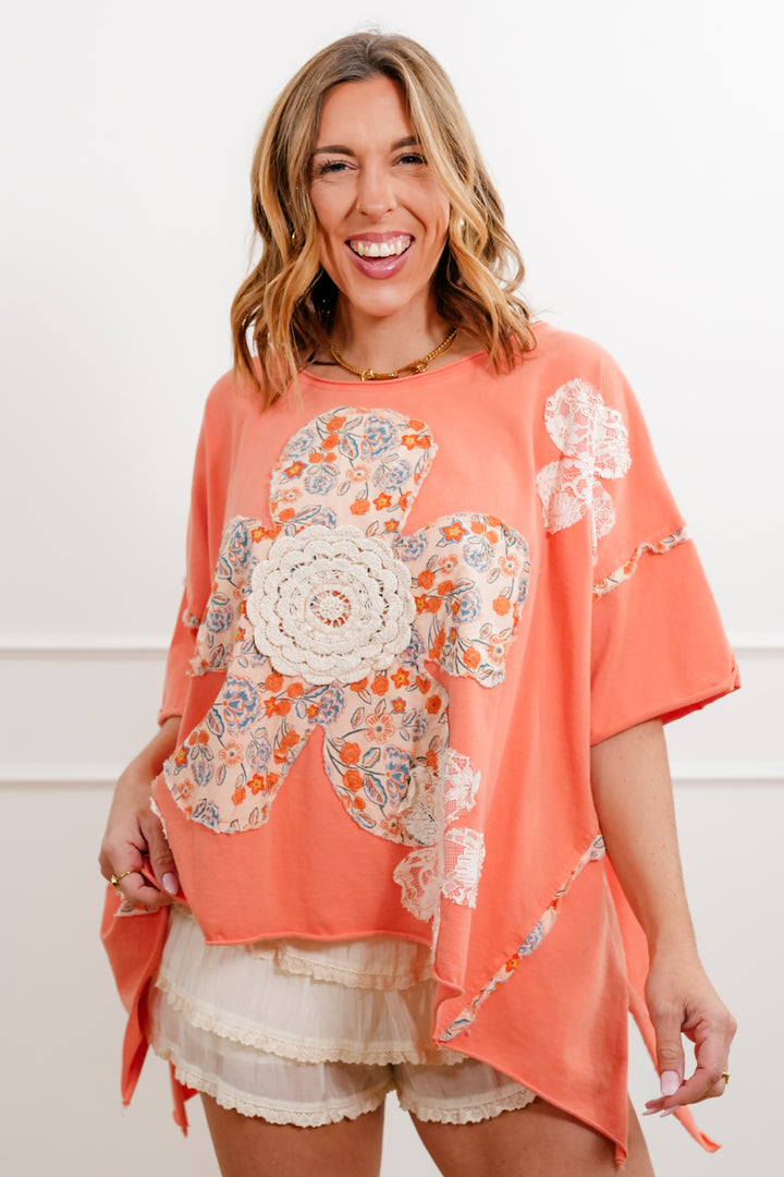 Oversized Short Sleeve Top with Flower Patch Detail