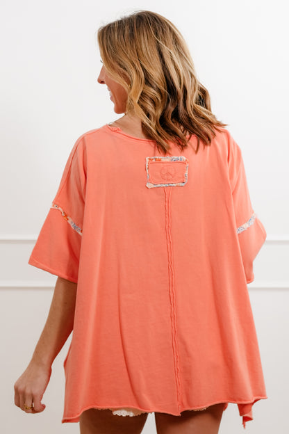 Oversized Short Sleeve Top with Flower Patch Detail