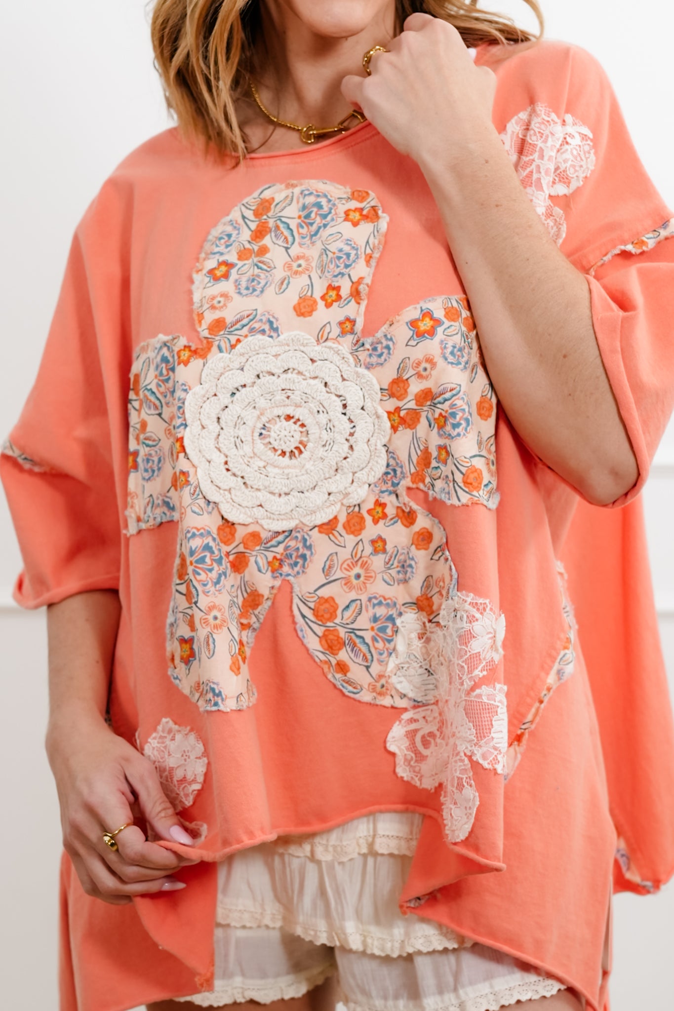 Oversized Short Sleeve Top with Flower Patch Detail