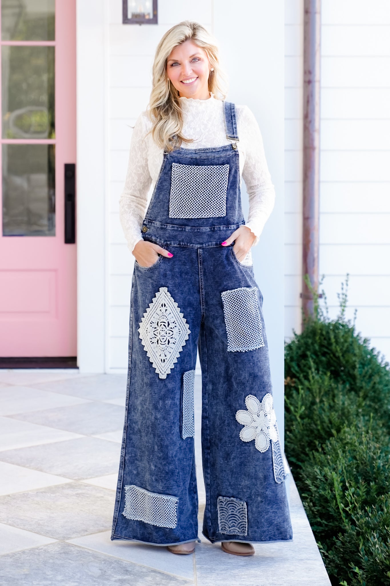 POL Dark Wash Wide Leg Overalls with Crochet Patches