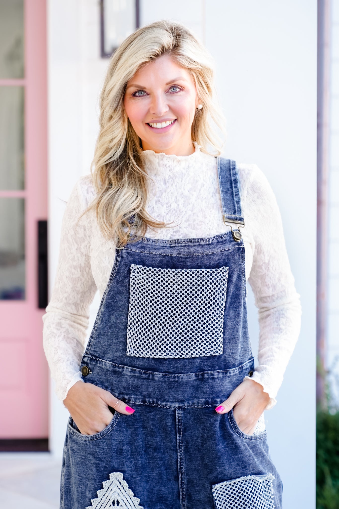 POL Dark Wash Wide Leg Overalls with Crochet Patches