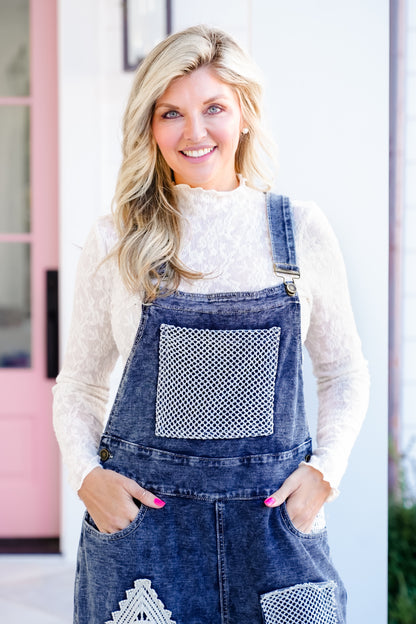 POL Dark Wash Wide Leg Overalls with Crochet Patches