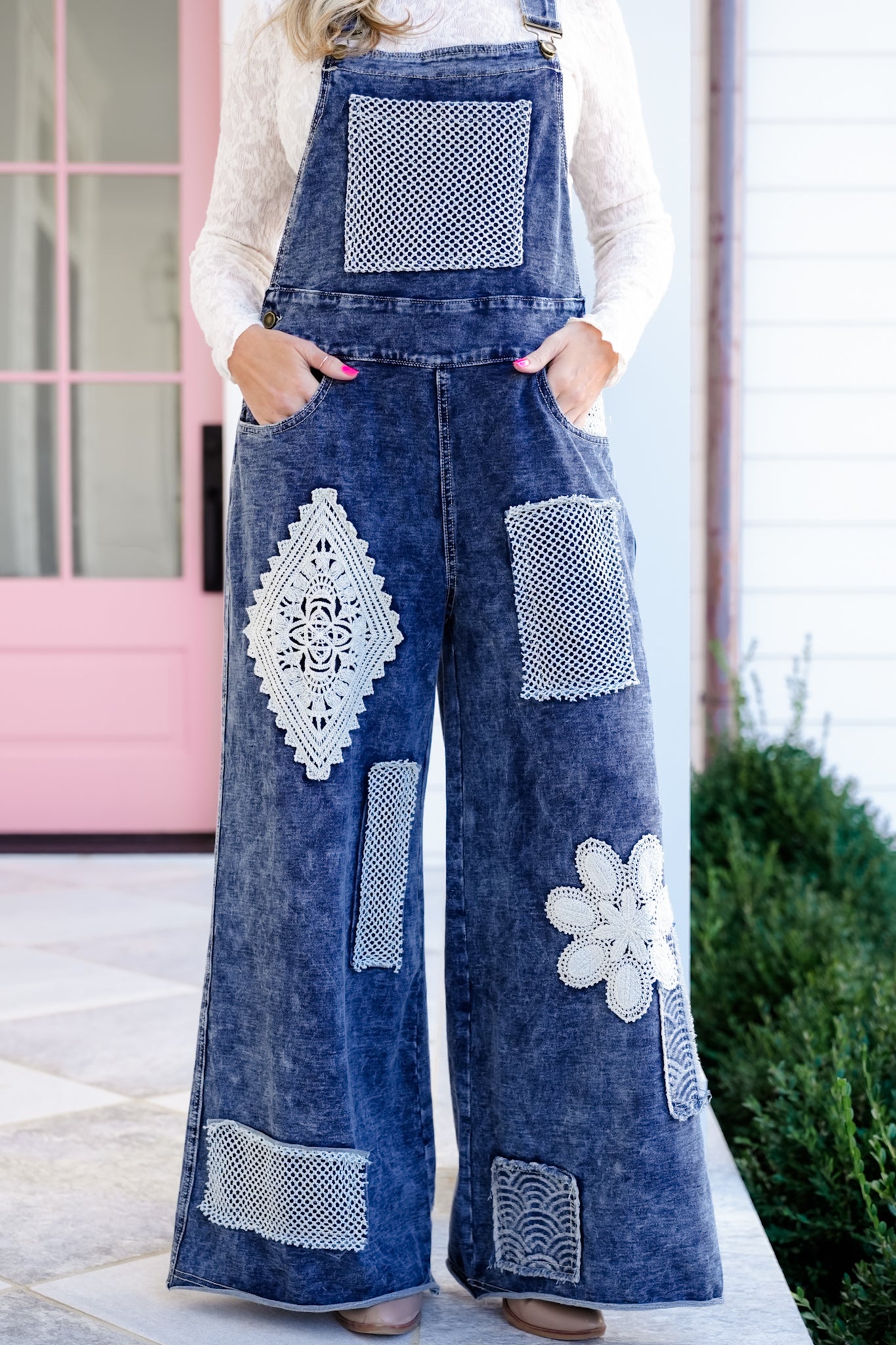 POL Dark Wash Wide Leg Overalls with Crochet Patches